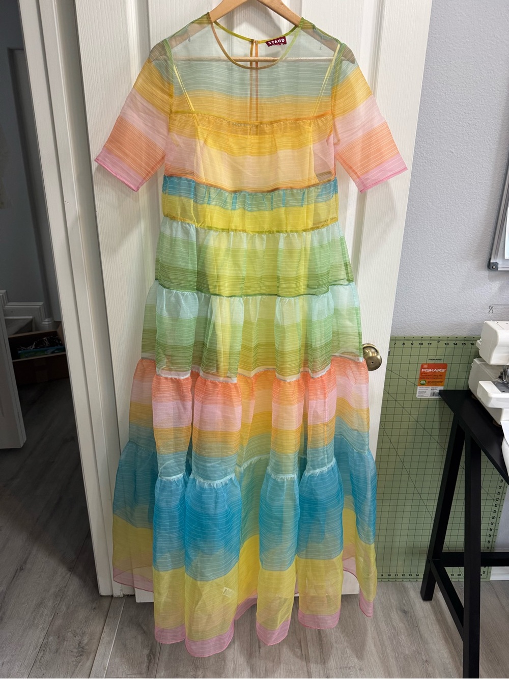 Staud Hyacinth Tiered Organza Short Sleeve Maxi Dress